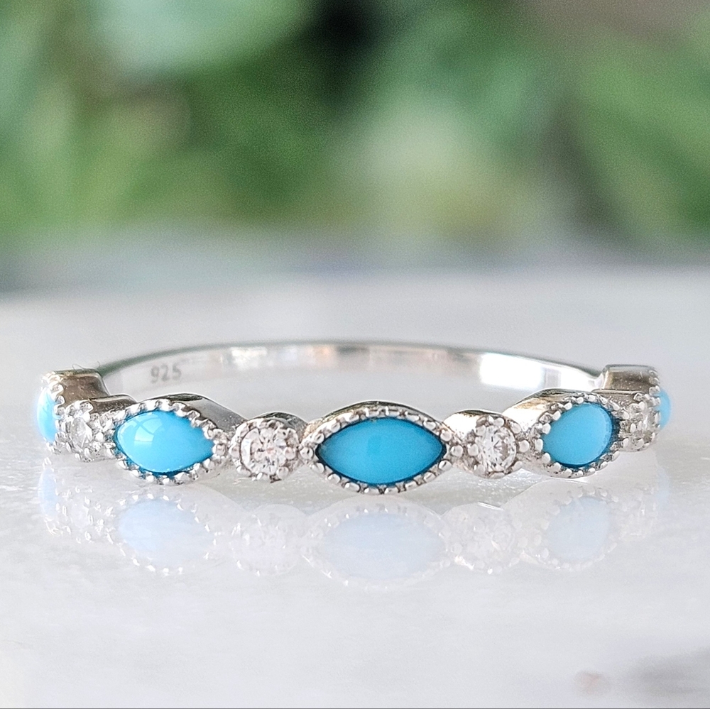 Dainty Sterling Silver stackable ring, turquoise enamel Bohemian